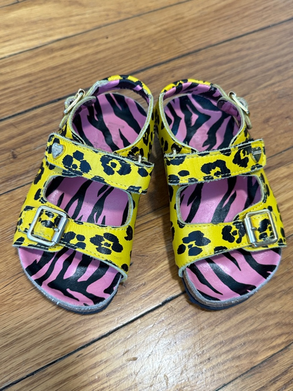 Moschino Kids Yellow Leopard Print birk cork Sandals Pink Zebra Insole 23 - US 7